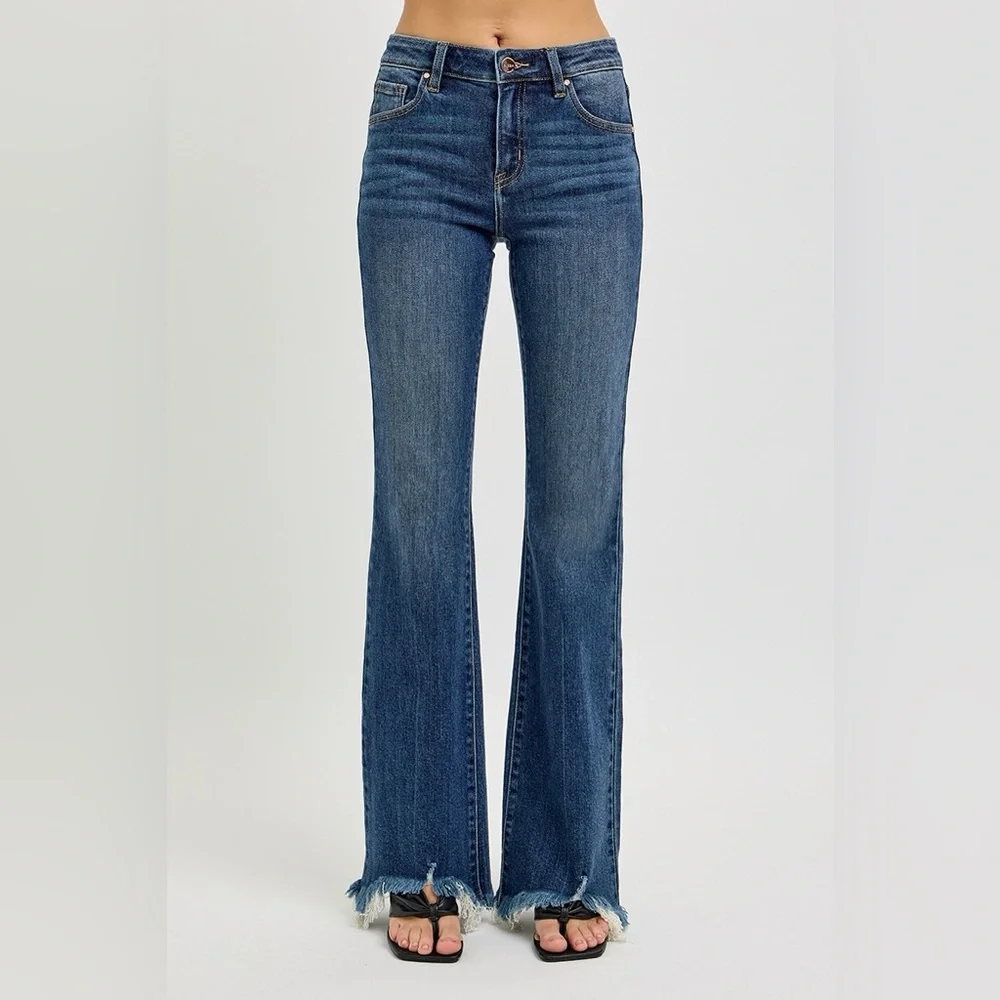 RISEN Mid Rise Flare Frayed Hem Jeans - Picture 6 of 7